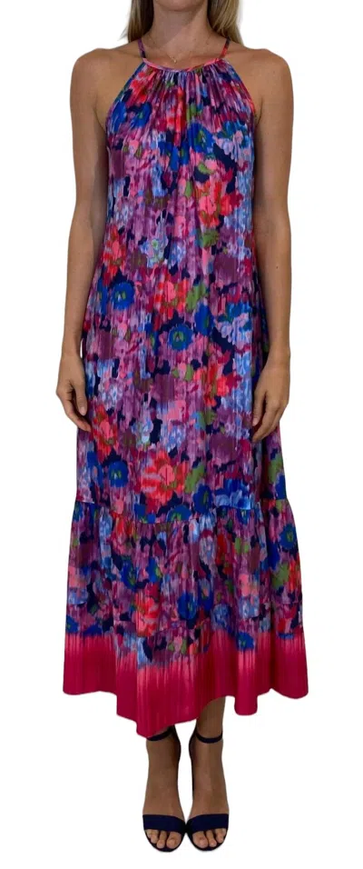 London Times A-line Halter Tiered Maxi Dress In Pink/violet Multi