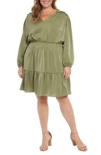 London Times Air Wash Smock Waist Long Sleeve Dress In Moss