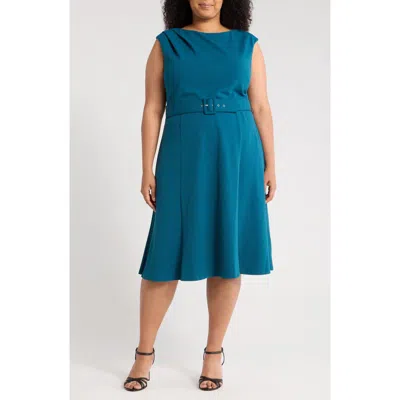 London Times Bateau Neck Sleeveless Belted Fit & Flare Dress In Blue
