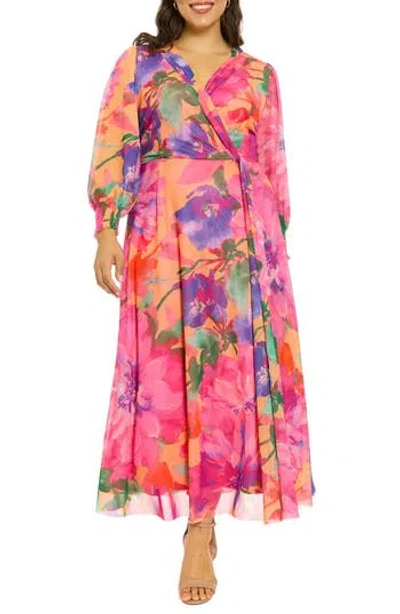 London Times Plus Size Printed Blouson-sleeve Maxi Dress In Multi