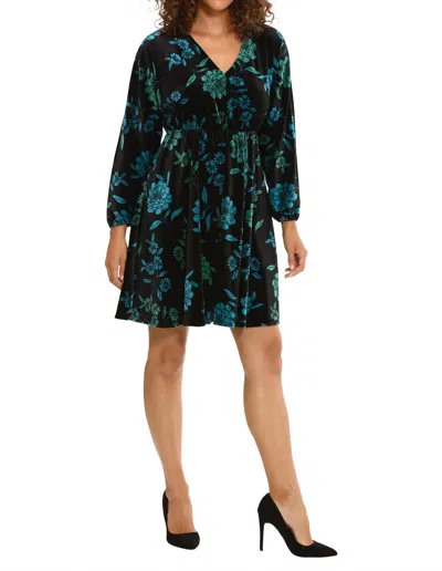 London Times Black Teal Velvet Dress In Blk Floral In Multi