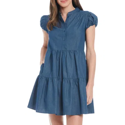 London Times Bubble Cap Sleeve Tiered Babydoll Dress In Denim