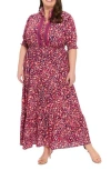 London Times Bubble Crepe Smocked Maxi Dress In Navy/rose Red