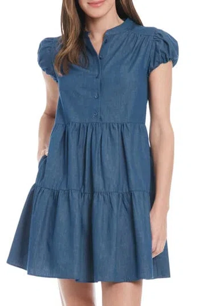 London Times Petite Denim Puff-sleeve Tiered Dress In Blue
