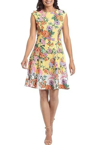 London Times Cap Sleeve Floral Fit & Flare Dress In Lemon Multi