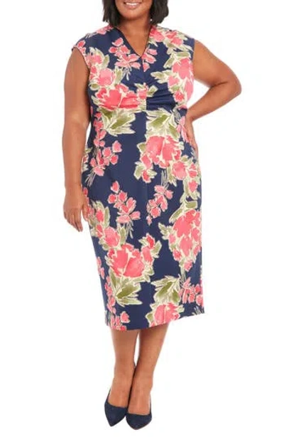 London Times Cap Sleeve Floral Print Midi Dress In Navy/berry