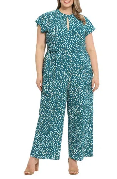 London Times Cap Sleeve Straight Leg Jumpsuit In Teal/ivory