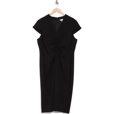 London Times Center Ruched Cap Sleeve Midi Dress In Black