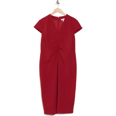 London Times Center Ruched Cap Sleeve Midi Dress In Burgundy