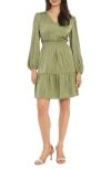 London Times Charm Long Sleeve Smocked Waist Minidress In Moss