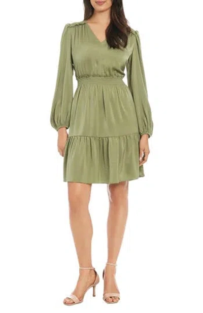 London Times Charm Long Sleeve Smocked Waist Minidress In Moss