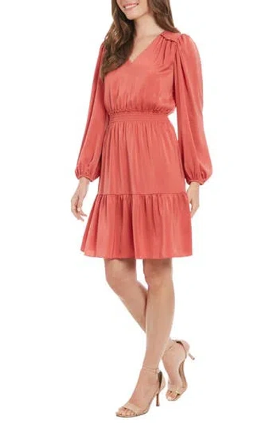 London Times Charm Long Sleeve Smocked Waist Minidress In Persimmon
