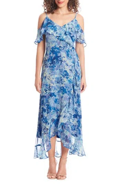 London Times Cold Shoulder Chiffon Faux Wrap Dress In Aqua Blue