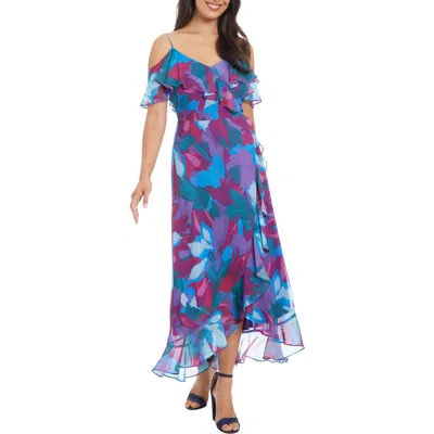 London Times Cold Shoulder Ruffle Maxi Dress In Multi