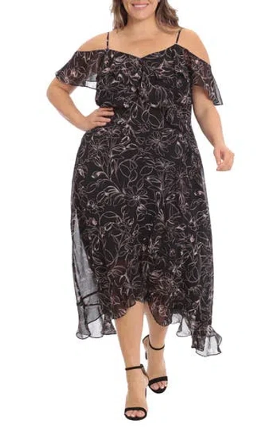 London Times Cold Shoulder Ruffle Wrap Dress In Black/blush