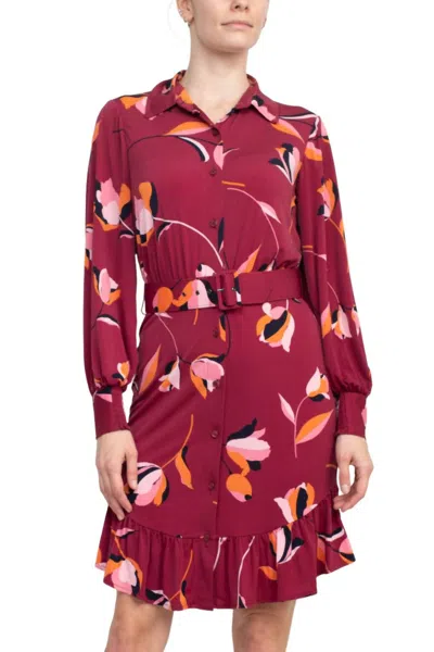 London Times Collared Button Down Elastic Cuff Ity Dress In Red