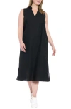 London Times Collared Popover Linen Blend Midi Dress In Black