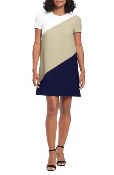 London Times Colorblock Short Sleeve Shift Dress In Stone/navy