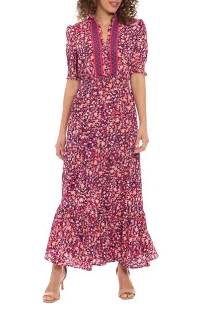 London Times Ditsy Ruffle A-line Maxi Dress In Navy Rose