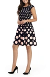London Times Dot Fit & Flare Dress In Blk/blush