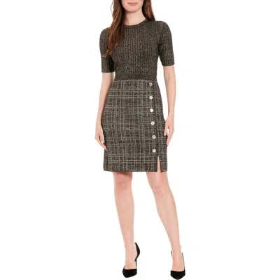 London Times Elbow Length Sleeve Side Button Dress In Gray