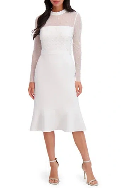 London Times Embellished Illusion Long Sleeve Midi Dress In White