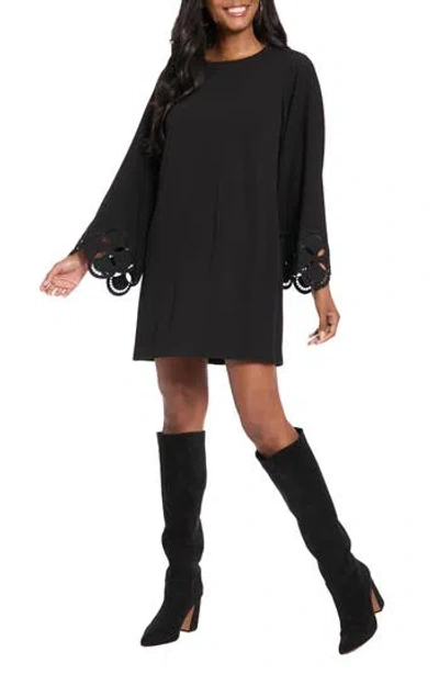 London Times Embroidered Bell Sleeve A-line Dress In Blue