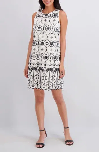London Times Embroidered Eyelet Sleeveless Cotton Shift Dress In White Black