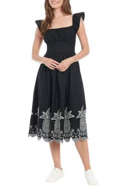 London Times Embroidered Flutter Sleeve Midi Dress In Black