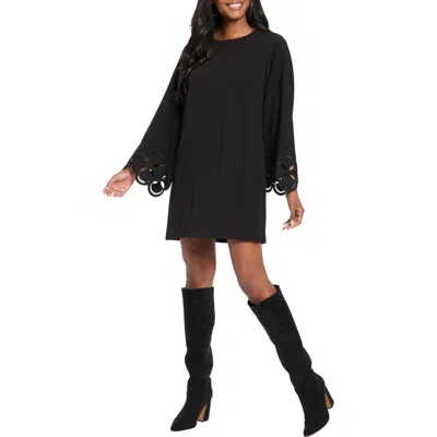 London Times Embroidered Long Sleeve Trapeze Dress In Black
