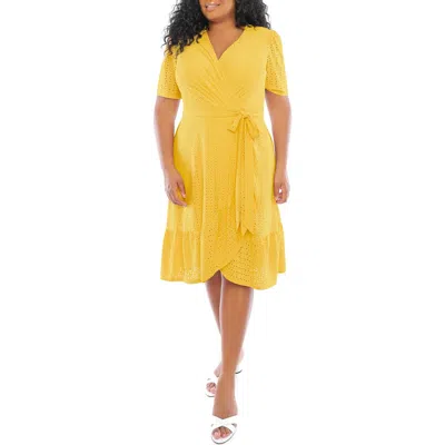 London Times Embroidered Ruffle Wrap Dress In Yellow