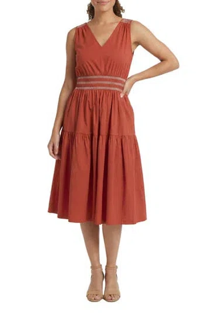 London Times Embroidered Smocked Sleeveless Stretch Cotton Fit & Flare Dress In Brown