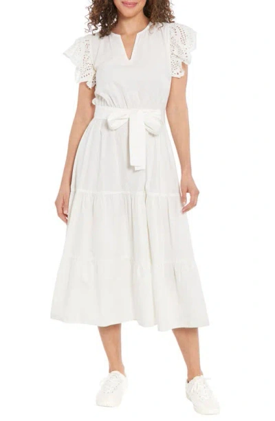 London Times Eyelet Flutter Sleeve Tiered Midi Dress In White