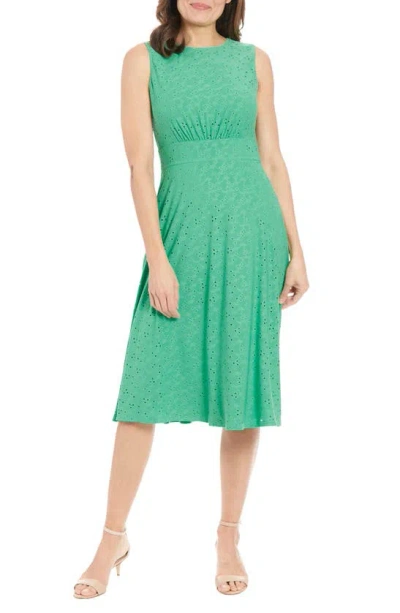 London Times Eyelet Jersey Sleeveless Midi Dress In Ming Green