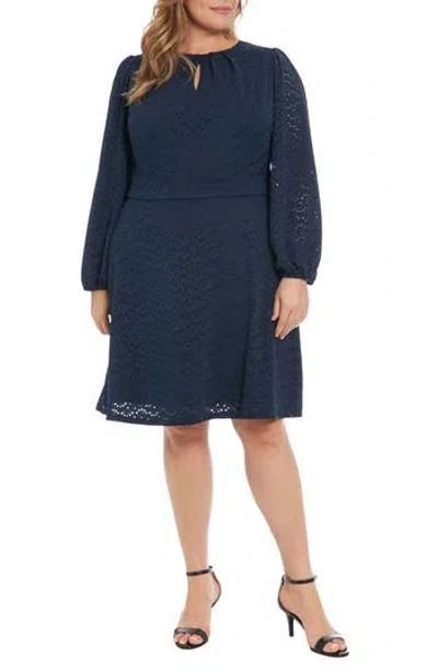 London Times Eyelet Keyhole Long Sleeve A-line Dress In Navy