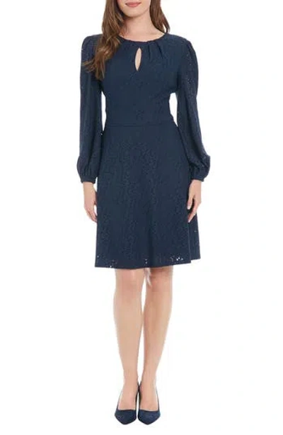 London Times Eyelet Long Sleeve Dress In Navy