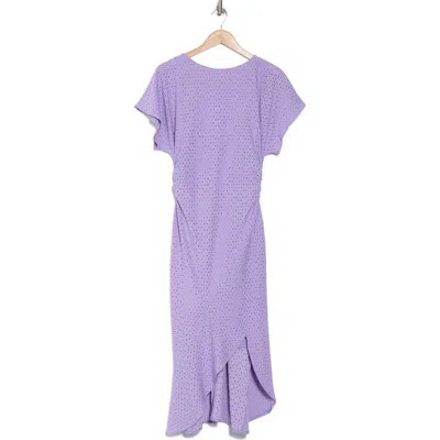London Times Eyelet Short Sleeve Tulip Hem Midi Dress In Violet