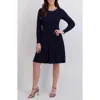 London Times Faux Pearl Neck Cable Stitch Fit & Flare Dress In Blue