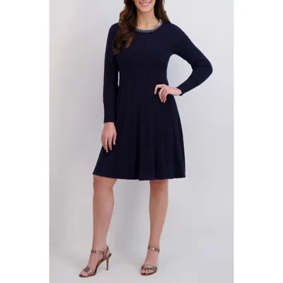 London Times Faux Pearl Neck Cable Stitch Fit & Flare Dress In Blue