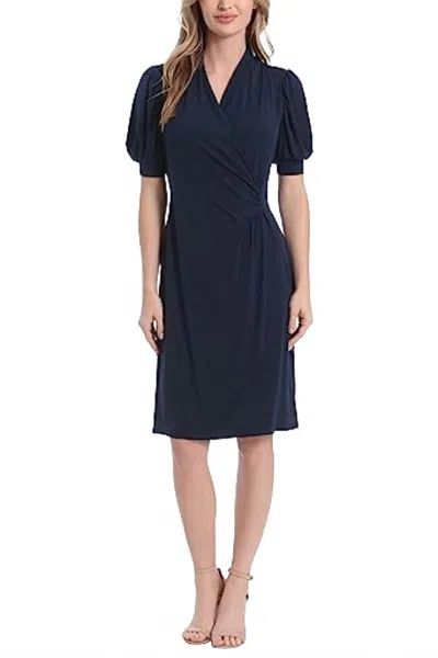 London Times Faux Wrap Knee Length Dress In Navy In Blue