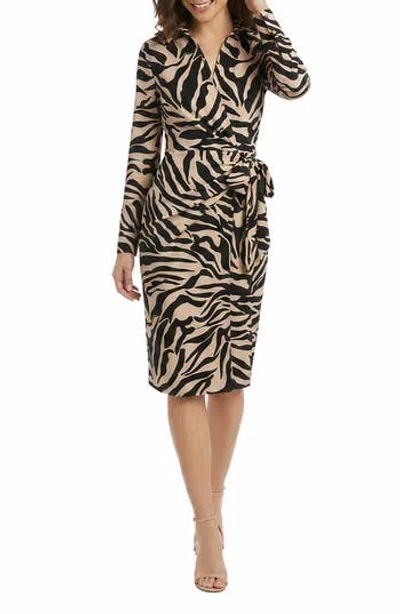 London Times Faux Wrap Long Sleeve Midi Dress In Tan/ Black