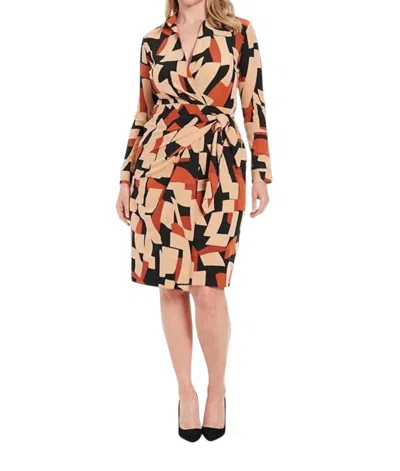 London Times Faux Wrap Side Tie Midi Dress In Black & Caramel In Multi