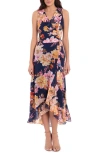 London Times Femme Floral Yoryu Ruffle Hem Dress In Navy Blue