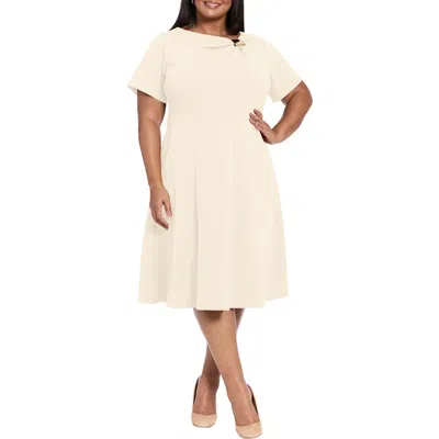 London Times Plus Size Short-sleeve Slit Neck Midi Dress In Neutral