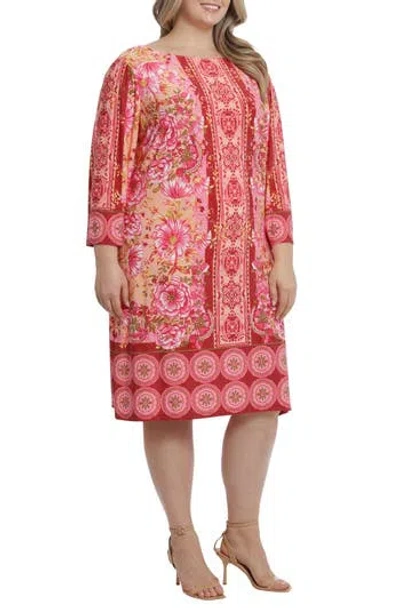 London Times Floral 3/4 Sleeve Shift Dress In Peach/pink