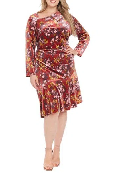 London Times Floral Asymmetric Long Sleeve Velour Midi Dress In Red Multi