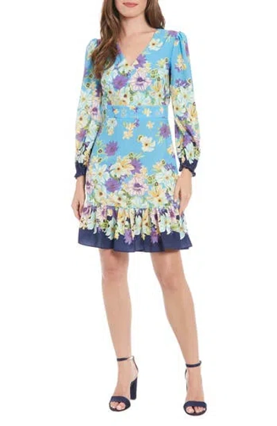 London Times Floral Border Print Long Sleeve Dress In Blue/hyancinth