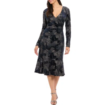 London Times Floral Burnout V-neck Long Sleeve Faux Wrap Dress In Blue