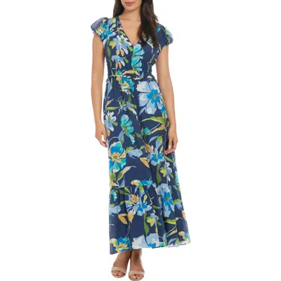 London Times Floral Cap Sleeve Empire Waist Chiffon Maxi Dress In Navy Denim