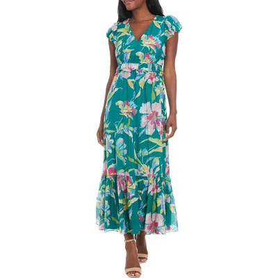London Times Floral Cap Sleeve Empire Waist Chiffon Maxi Dress In Teal/pink